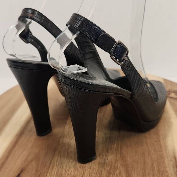 Stuart Weitzman Women's Peep Toe Embossed Block Heel Size 7 N Black - Picture 4 of 10